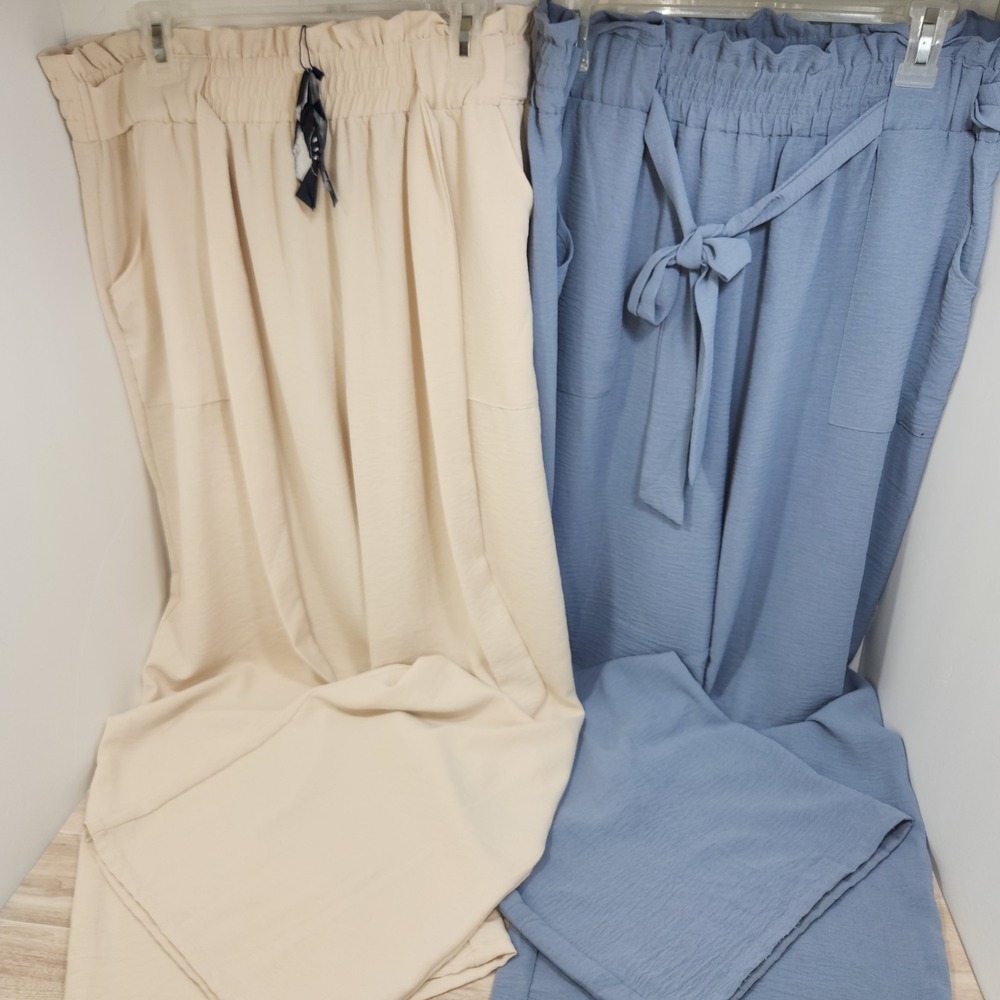 2 Pair Women's Wide‎ Leg Pants W/ Pockets High Waist Adjustable Knot Loose Fit